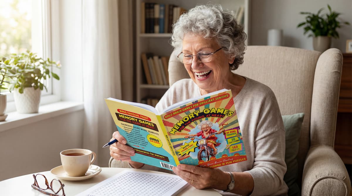 Senior enjoying memory games and activities with joyful expression